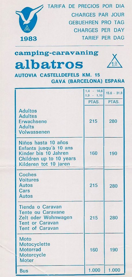 Tarifas del a�o 1983 del Camping Albatros de Gav� Mar